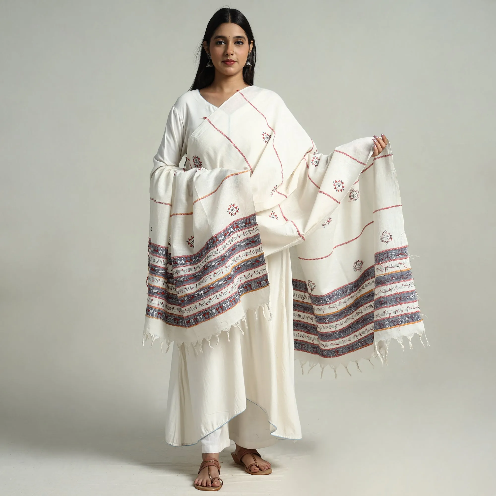 White - Bengal Kantha Embroidery Khes Handwoven Cotton Dupatta with Tassels 40