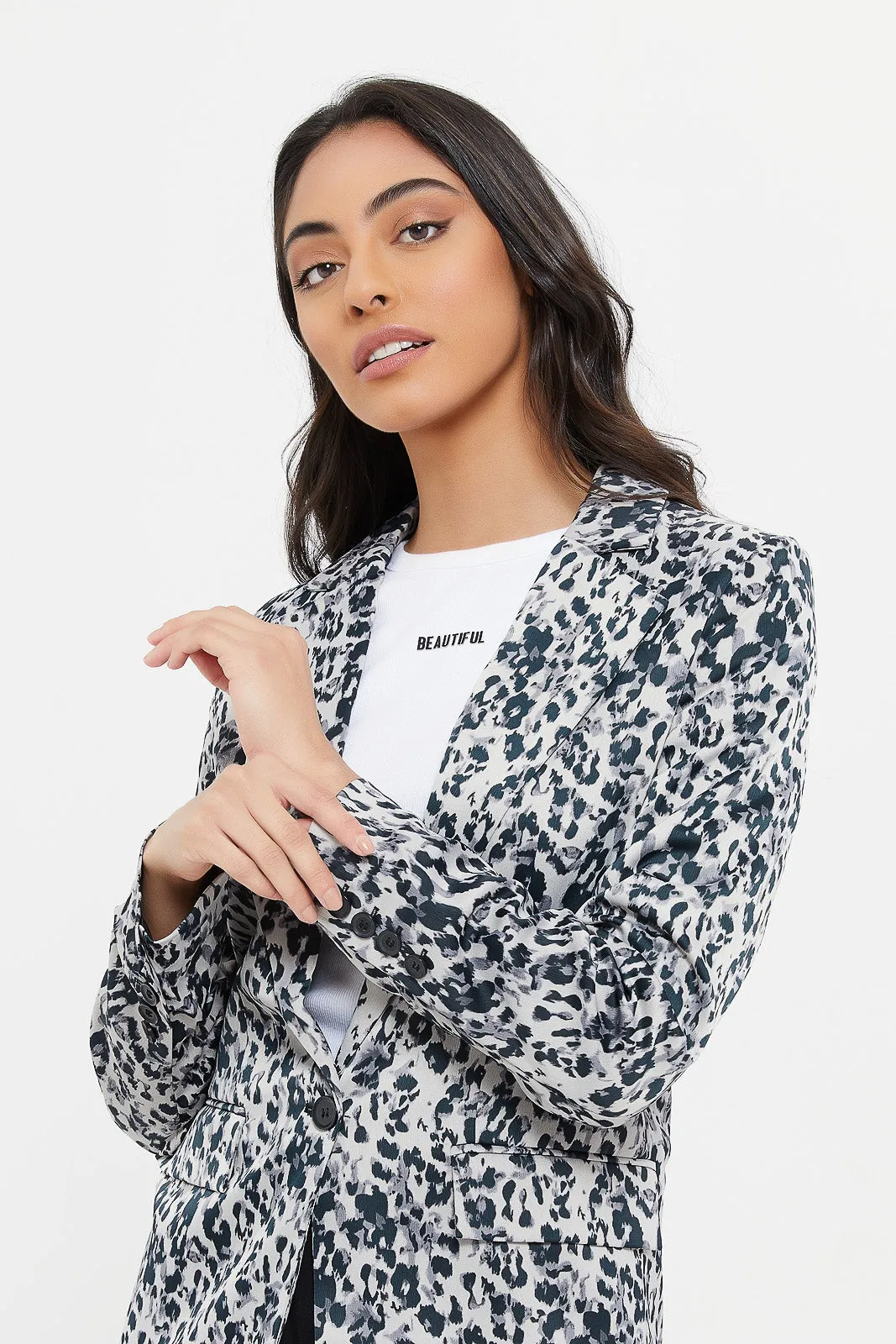 Women Black Printed Satin Jacket With Ruched Sleeve