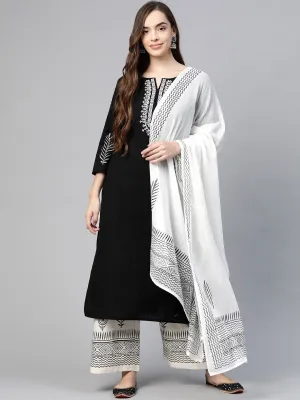 Women Black Pure Cotton Kurta Set With Dupatta