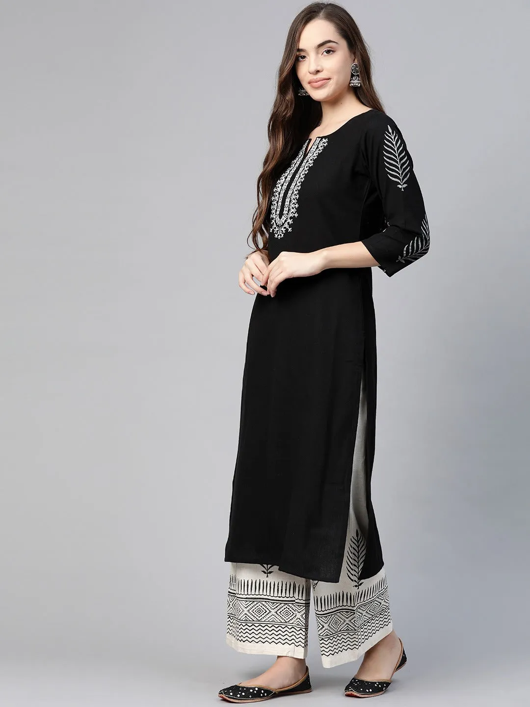 Women Black Pure Cotton Kurta Set With Dupatta