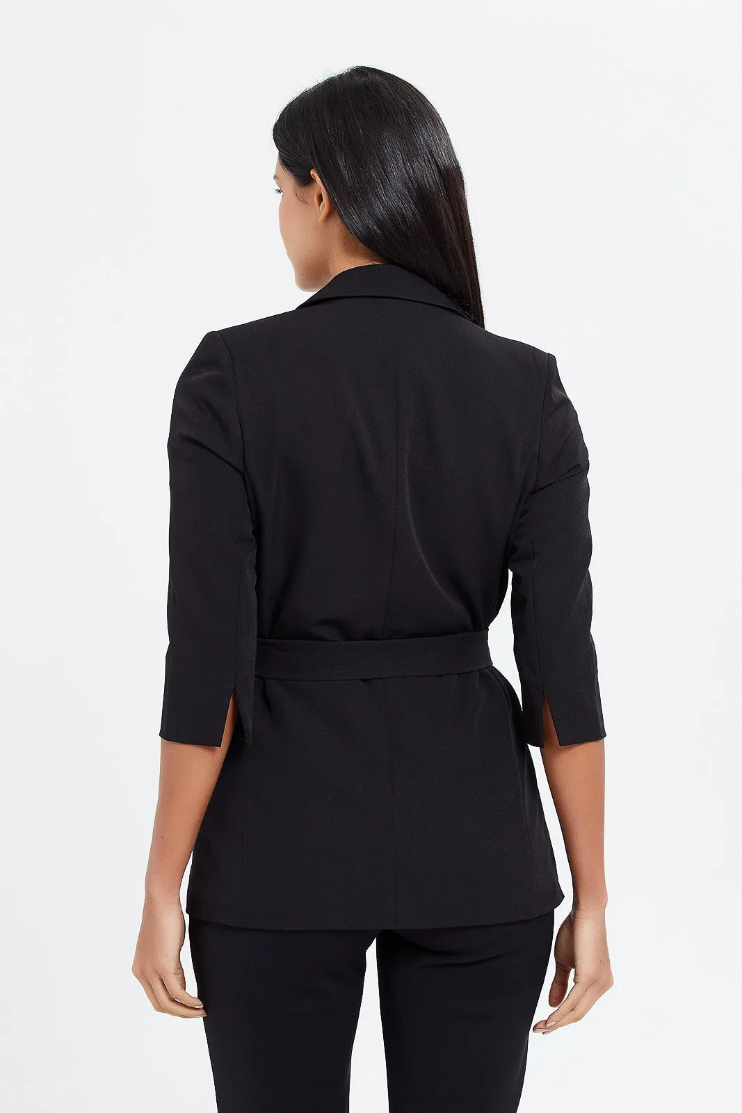 Women Black Side Tie-Up Blazer