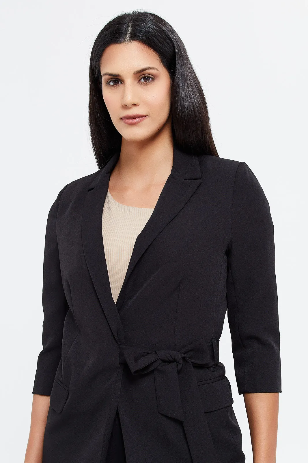 Women Black Side Tie-Up Blazer