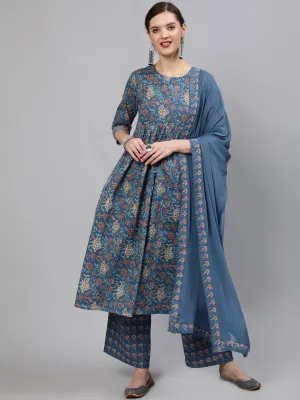 Women Blue Floral Printed Straight Kurta With Plazo & Dupatta