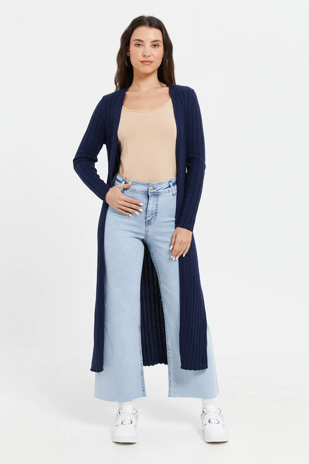 Women Blue Long Sleeve Open Knit Cardigan