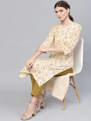 Women Cream-Coloured & Olive Green Printed Kurta With Trousers