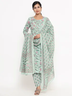 Women Green Floral Print Hand Work Cotton Kurta With Pant & Dupatta