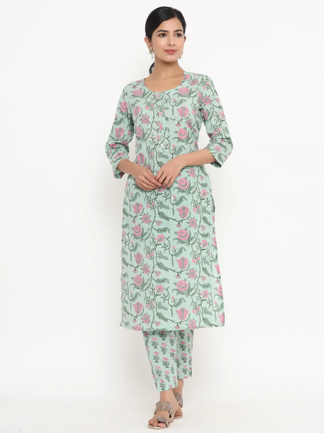 Women Green Floral Print Hand Work Cotton Kurta With Pant & Dupatta