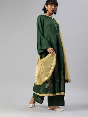 Women Green Floral Printed Kurta With Palazzos & Dupatta