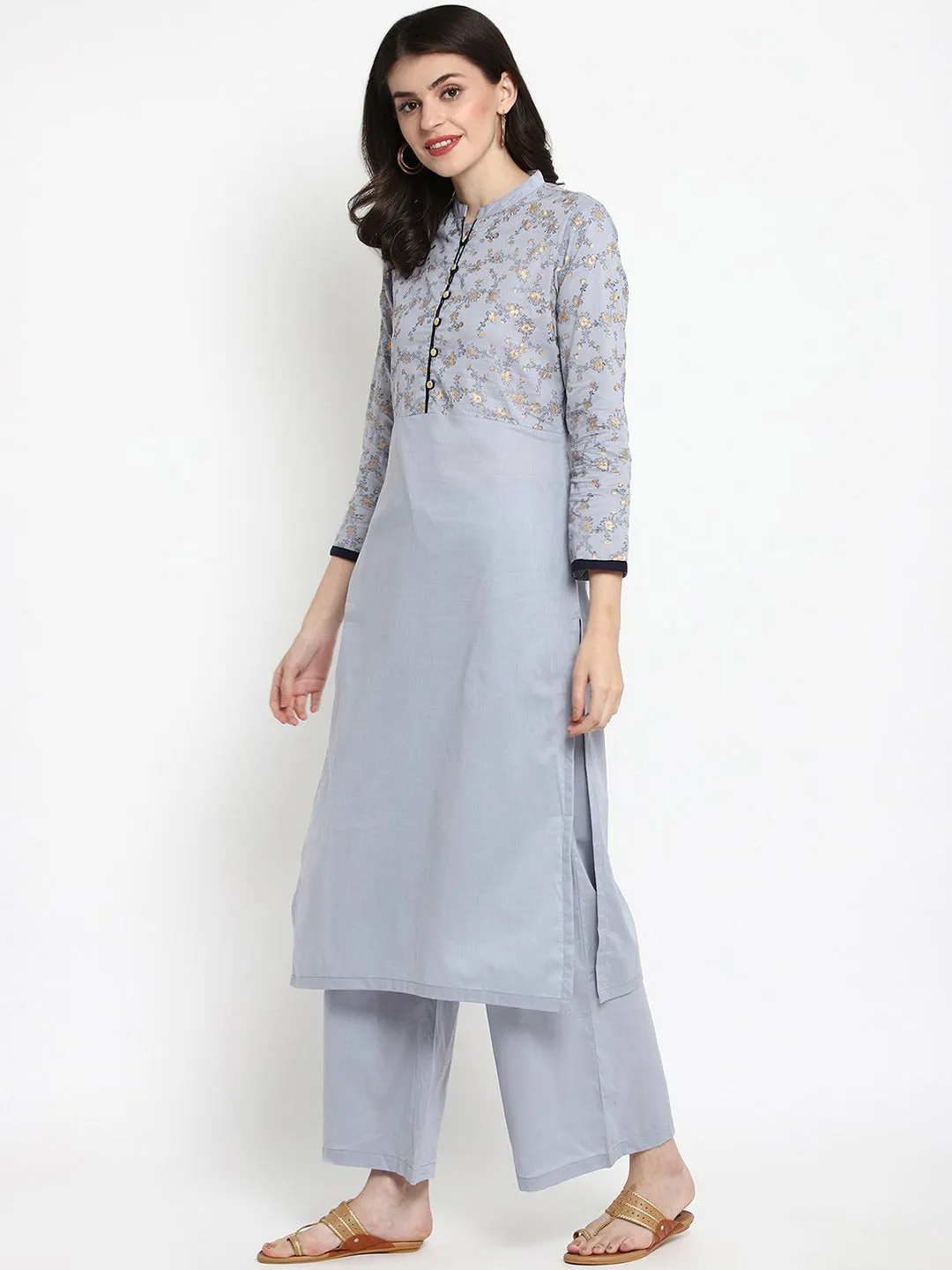 Women Grey Printed Kurta With Palazzos & Dupatta