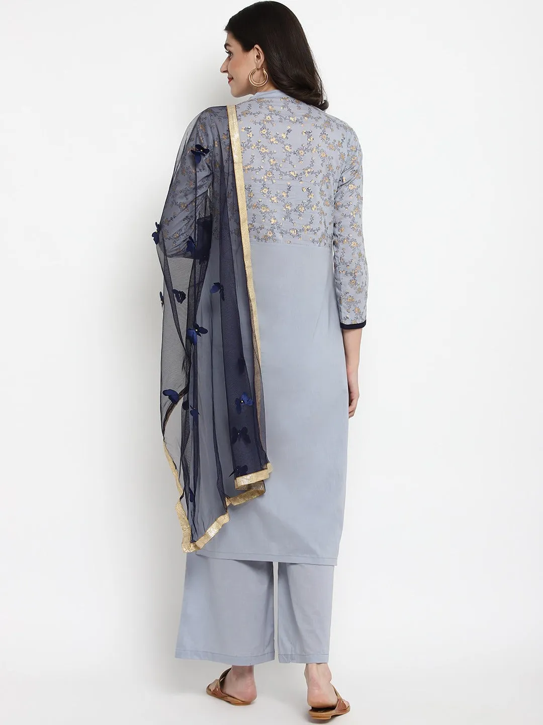 Women Grey Printed Kurta With Palazzos & Dupatta