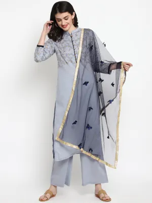 Women Grey Printed Kurta With Palazzos & Dupatta