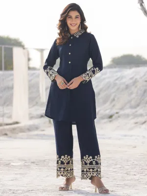 Women navy blue pure silk Co-ord set with gota work detailing