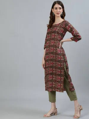 Women Olive Green Printed Straight Kurta With Three Quarter Sleeves