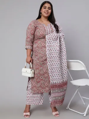 Women Plus Size Brown Printed Kurta And Palazzo With Dupatta