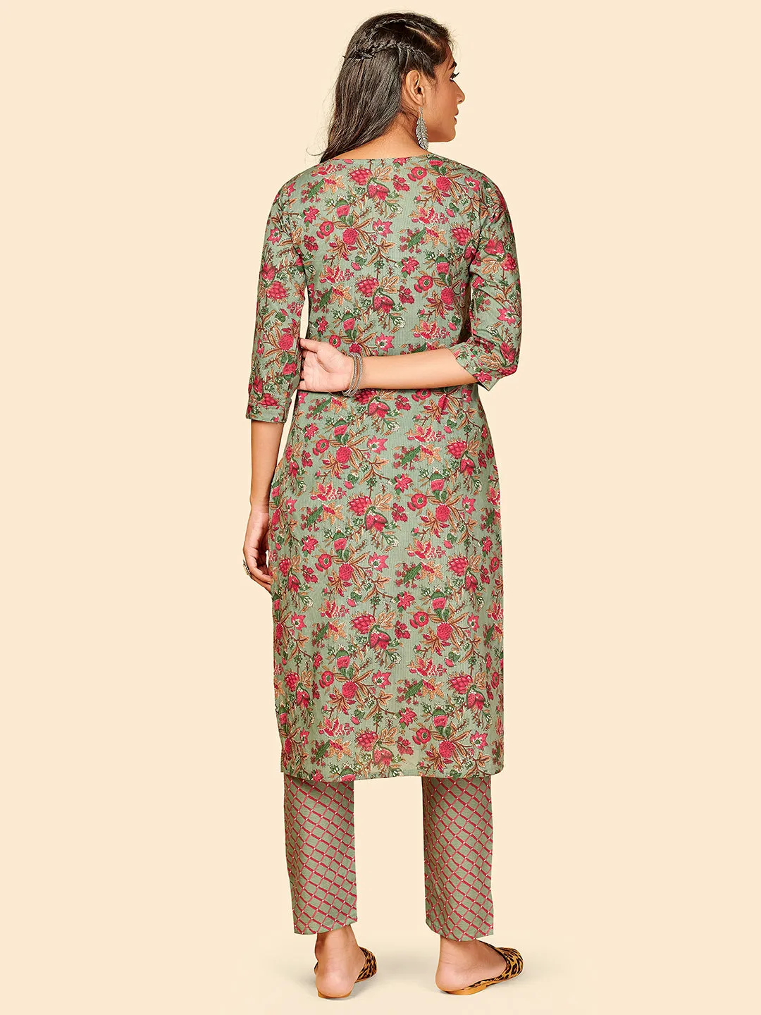 Women'S Printed & Gotta Work Straight Cotton Olive Green Stitched Kurta With Pant