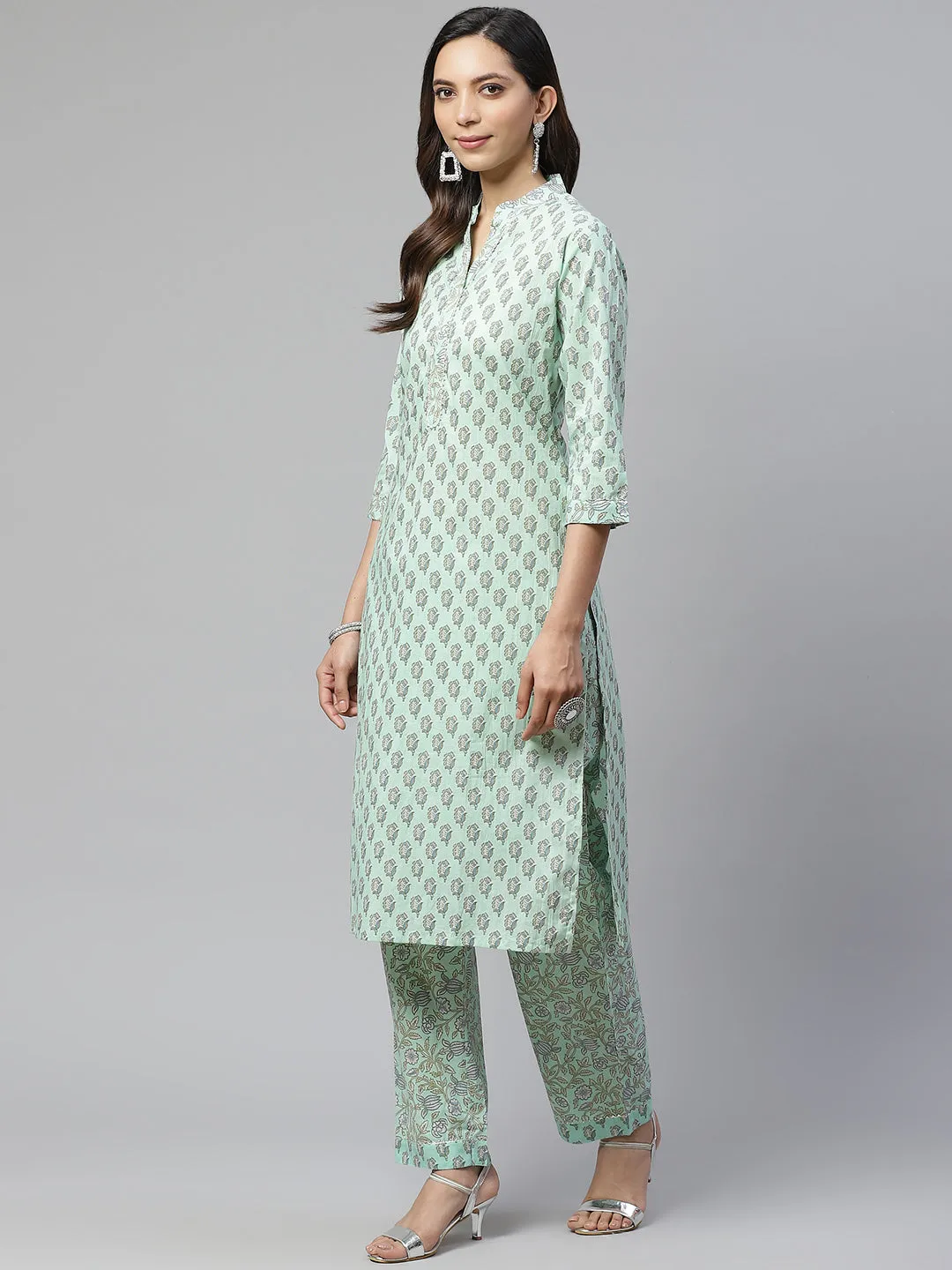 Women'S Sea Green Cotton Printed Kurti Pant Set