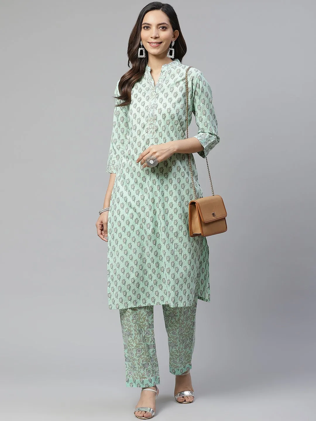 Women'S Sea Green Cotton Printed Kurti Pant Set