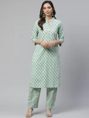 Women'S Sea Green Cotton Printed Kurti Pant Set