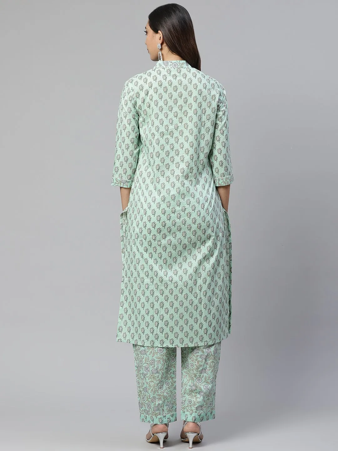 Women'S Sea Green Cotton Printed Kurti Pant Set