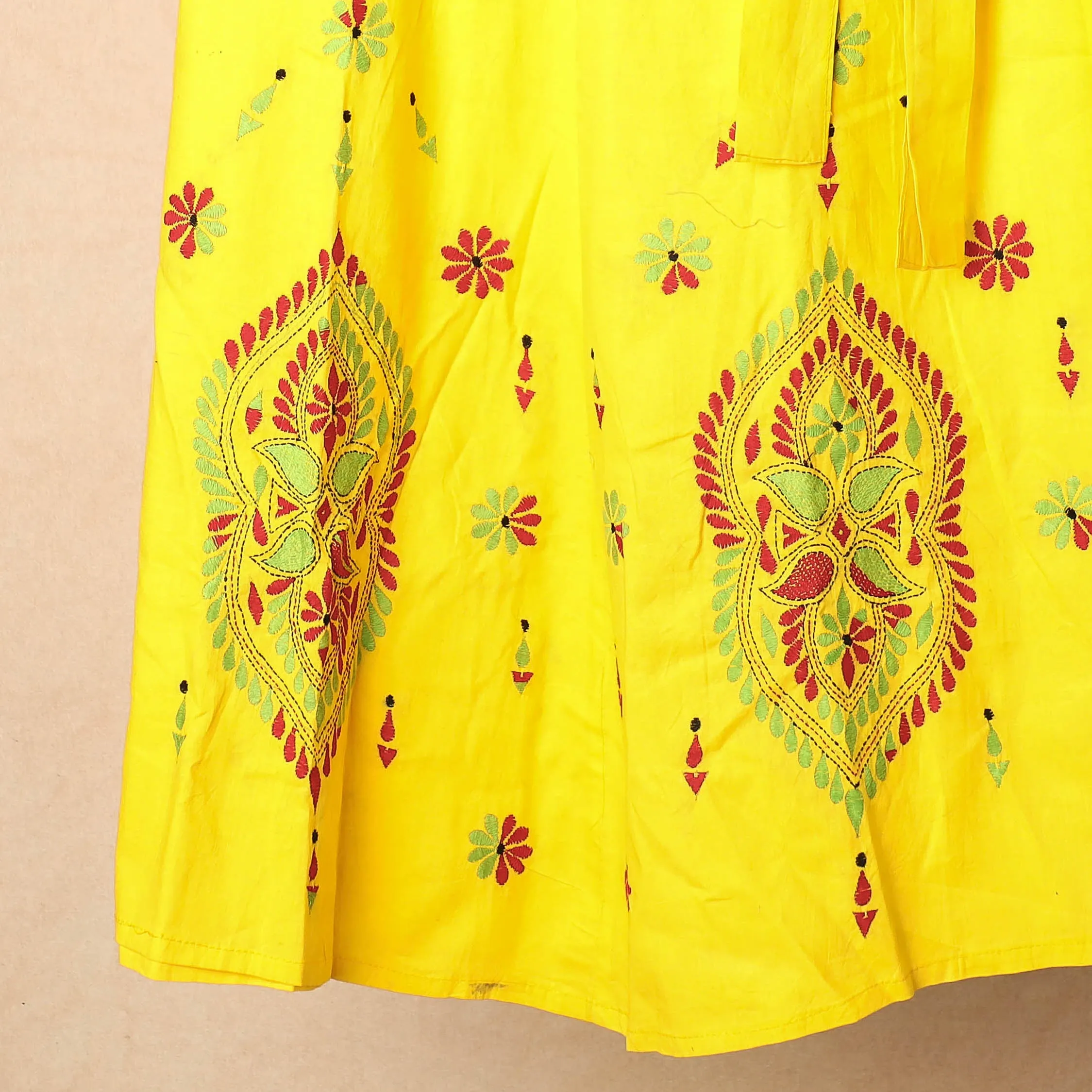 Yellow - Bengal Kantha Embroidery Cotton Wrap Around Skirt