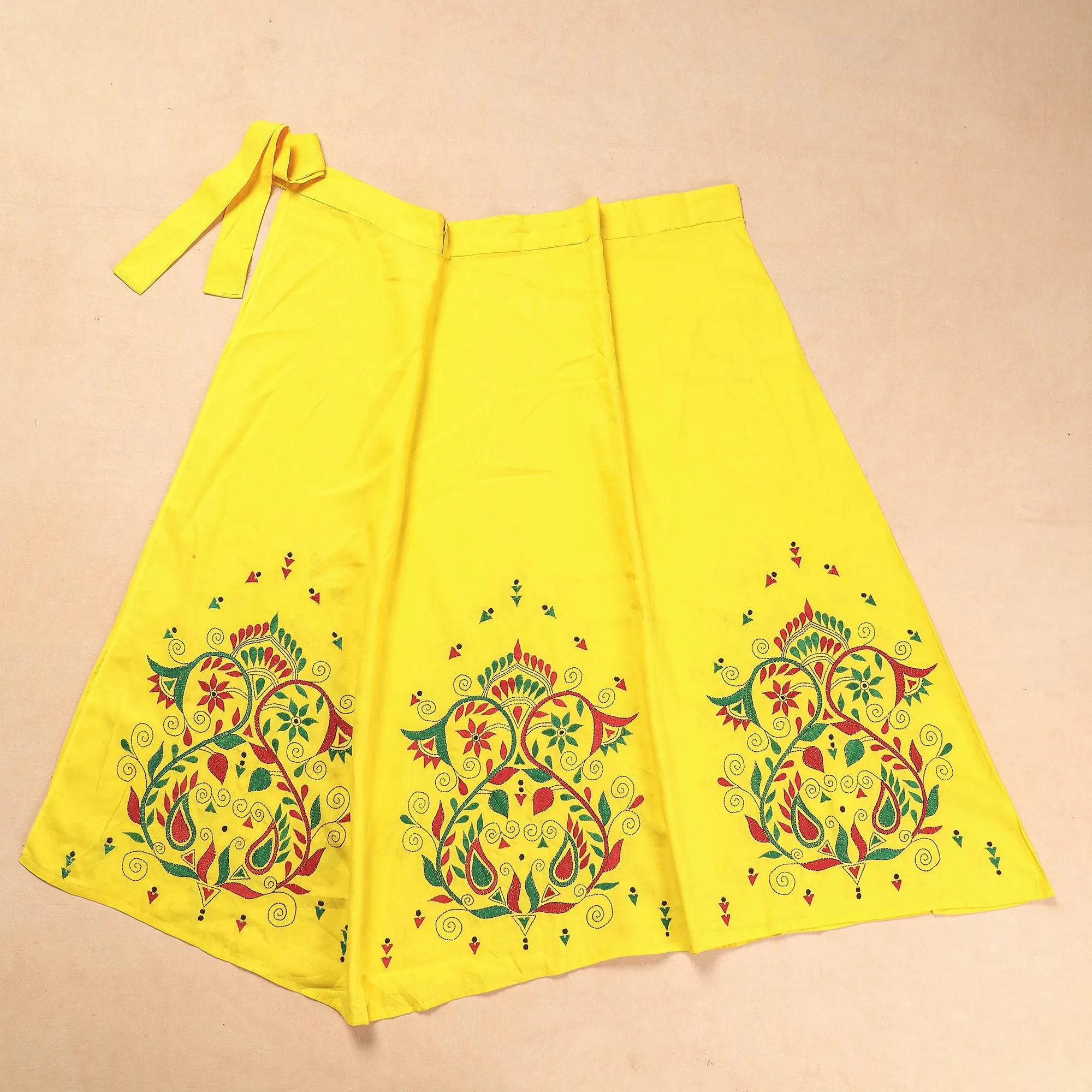 Yellow - Bengal Kantha Embroidery Cotton Wrap Around Skirt