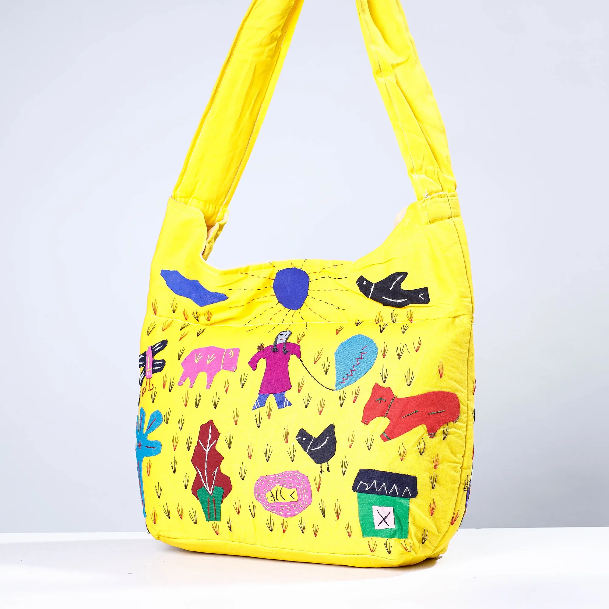 Yellow - Pipli Applique Work Cotton Shoulder Bag